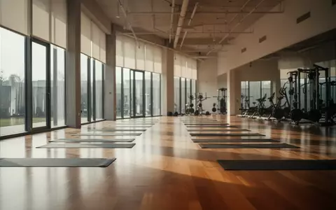 Ein minimalistischer Fitnessraum mit ordentlich ausgelegten Yogamatten und großen Fenstern, die helles Tageslicht einlassen. - Foto: über boerse-global.de