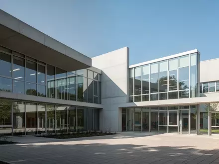 Ein moderner Schulneubau mit großflächigen Glasfronten und einer klaren architektonischen Gestaltung bei Tageslicht. - Foto: über boerse-global.de