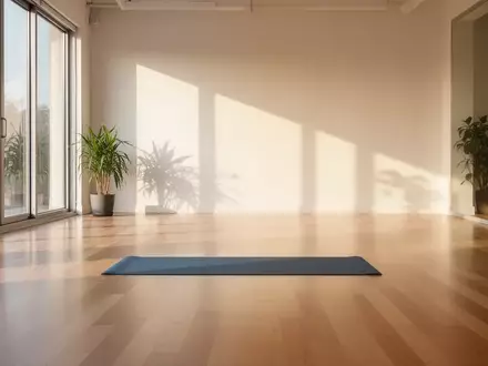 Ein heller, minimalistischer Trainingsraum mit einer leeren Yogamatte auf einem glatten Holzboden und natürlichem Lichteinfall. - Foto: über boerse-global.de