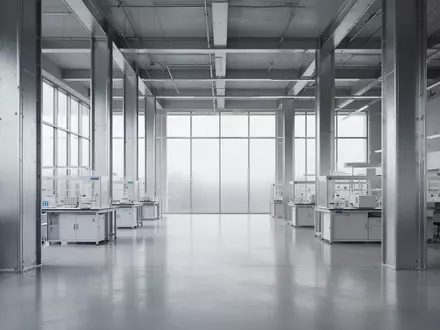 Innenansicht eines modernen, minimalistischen Industrieforschungslabors mit polierten Betonböden und großen Fensterfronten. - Foto: über boerse-global.de