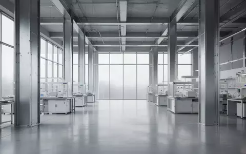 Innenansicht eines modernen, minimalistischen Industrieforschungslabors mit polierten Betonböden und großen Fensterfronten. - Foto: über boerse-global.de