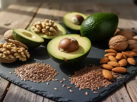 Verschiedene gesunde Fette wie Avocados und Nüsse auf einer dunklen Schieferplatte. - Foto: über boerse-global.de