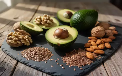 Verschiedene gesunde Fette wie Avocados und Nüsse auf einer dunklen Schieferplatte. - Foto: über boerse-global.de