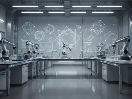 Ein minimalistisches, modernes Forschungslabor mit metallischen Oberflächen und abstrakten geometrischen Strukturen. - Foto: über boerse-global.de
