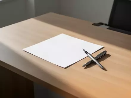 Ein leeres Blatt Papier und ein Füllfederhalter auf einem minimalistischen Schreibtisch in hellem Tageslicht. - Foto: über boerse-global.de