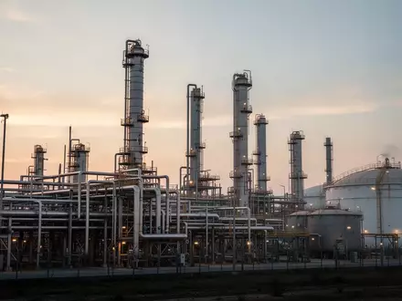 Industrielle Raffinerieanlagen bei Tagesanbruch mit komplexen Rohrleitungssystemen und Speichertanks. - Foto: über boerse-global.de