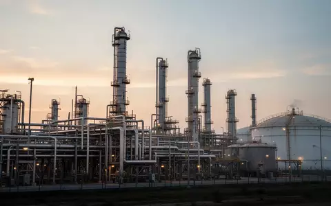Industrielle Raffinerieanlagen bei Tagesanbruch mit komplexen Rohrleitungssystemen und Speichertanks. - Foto: über boerse-global.de