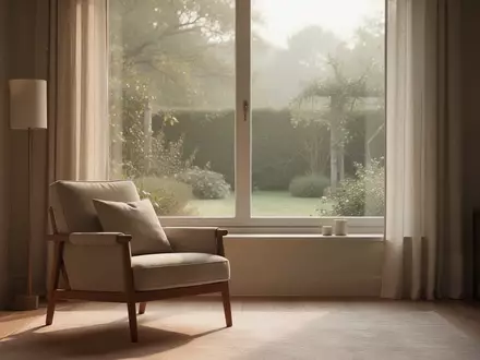 Ein ruhiger Raum mit einem bequemen Sessel neben einem großen Fenster und Blick in einen sonnigen Garten. - Foto: über boerse-global.de