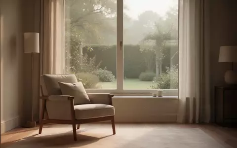 Ein ruhiger Raum mit einem bequemen Sessel neben einem großen Fenster und Blick in einen sonnigen Garten. - Foto: über boerse-global.de