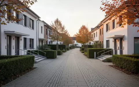Eine ruhige Wohnstraße in einer Gemeinde mit barrierefreien Gebäuden und gepflegten Gehwegen im Tageslicht. - Foto: über boerse-global.de