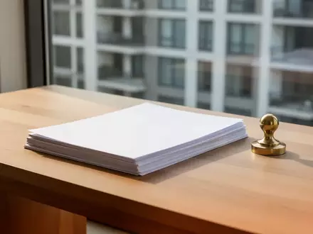 Ein ordentlich sortierter Stapel Unterlagen auf einem Schreibtisch vor einem Fenster mit Blick auf ein Mehrfamilienhaus. - Foto: über boerse-global.de