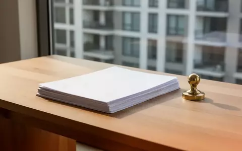 Ein ordentlich sortierter Stapel Unterlagen auf einem Schreibtisch vor einem Fenster mit Blick auf ein Mehrfamilienhaus. - Foto: über boerse-global.de