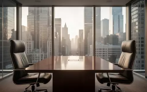 Moderner Konferenzraum in einem Finanzgebäude mit zwei leeren Stühlen an einem Besprechungstisch. - Foto: über boerse-global.de