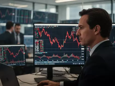 Ein Börsenhändler blickt besorgt auf einen Bildschirm mit fallenden Aktienkursen in einem modernen Büro. - Foto: über boerse-global.de