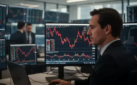 Ein Börsenhändler blickt besorgt auf einen Bildschirm mit fallenden Aktienkursen in einem modernen Büro. - Foto: über boerse-global.de