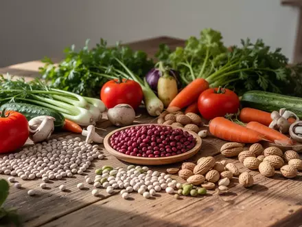 Frische, unverarbeitete Lebensmittel wie Gemüse und Hülsenfrüchte auf einem Holztisch, die eine gesunde Ernährung symbolisieren. - Foto: über boerse-global.de