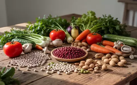 Frische, unverarbeitete Lebensmittel wie Gemüse und Hülsenfrüchte auf einem Holztisch, die eine gesunde Ernährung symbolisieren. - Foto: über boerse-global.de