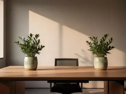 Ein minimalistischer, leerer Büroarbeitsplatz mit einer einzelnen Pflanze in einem Topf vor einer neutralen Wand. - Foto: über boerse-global.de