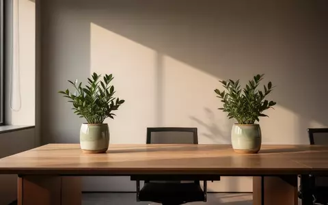 Ein minimalistischer, leerer Büroarbeitsplatz mit einer einzelnen Pflanze in einem Topf vor einer neutralen Wand. - Foto: über boerse-global.de