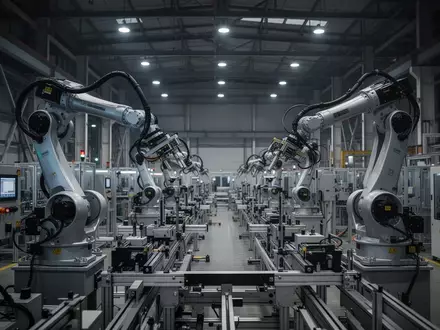 Moderne, technologisch fortschrittliche Produktionshalle mit Fertigungsrobotern in einer Industrieanlage. - Foto: über boerse-global.de