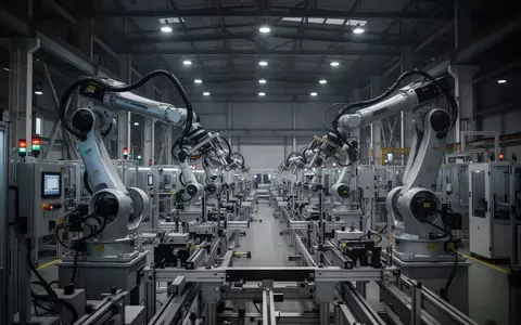 Moderne, technologisch fortschrittliche Produktionshalle mit Fertigungsrobotern in einer Industrieanlage. - Foto: ĂŒber boerse-global.de