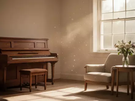 Ein sonnendurchflutetes, ruhiges Wohnzimmer mit einem alten Holzklavier und einem gemütlichen Sessel in einer friedlichen Umgebung. - Foto: über boerse-global.de