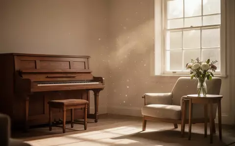 Ein sonnendurchflutetes, ruhiges Wohnzimmer mit einem alten Holzklavier und einem gemütlichen Sessel in einer friedlichen Umgebung. - Foto: über boerse-global.de