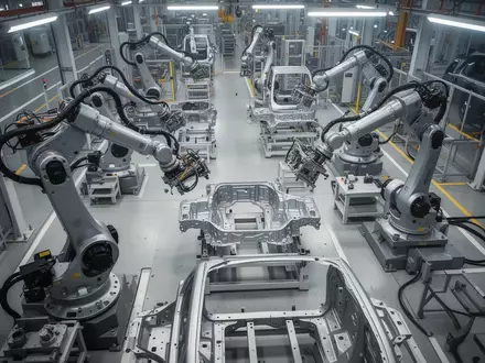 Moderne Produktionshalle mit automatisierten Fertigungsrobotern in einer Industrieanlage. - Foto: über boerse-global.de