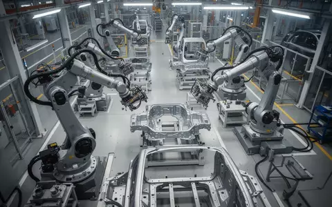 Moderne Produktionshalle mit automatisierten Fertigungsrobotern in einer Industrieanlage. - Foto: über boerse-global.de