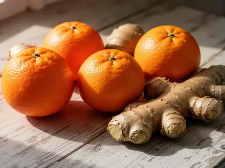 Frische Orangen und Ingwerknollen auf einem rustikalen Holztisch bei natürlichem Tageslicht. - Foto: über boerse-global.de