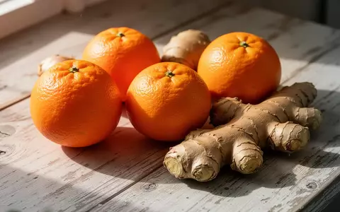 Frische Orangen und Ingwerknollen auf einem rustikalen Holztisch bei natürlichem Tageslicht. - Foto: über boerse-global.de