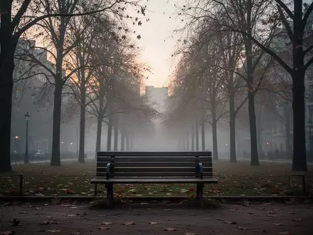 Eine leere Parkbank in einem nebligen Stadtpark bei Dämmerung, die Einsamkeit und soziale Distanz symbolisiert. - Foto: über boerse-global.de