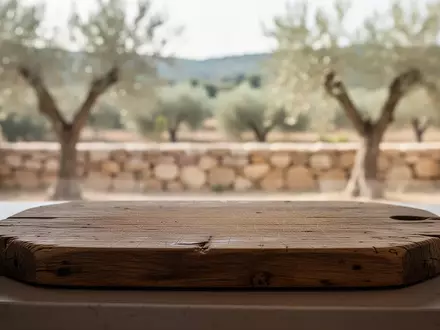 Ein leeres, rustikales Holzschneidebrett auf einer Arbeitsfläche vor einem sonnendurchfluteten Fenster mit Blick auf eine Landschaft. - Foto: über boerse-global.de