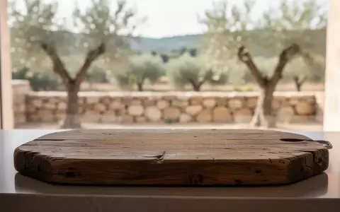 Ein leeres, rustikales Holzschneidebrett auf einer Arbeitsfläche vor einem sonnendurchfluteten Fenster mit Blick auf eine Landschaft. - Foto: über boerse-global.de