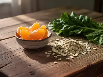 Frische Orangenschnitze neben Haferflocken und grünem Gemüse auf einem Holztisch - Foto: über boerse-global.de