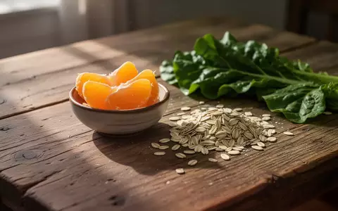 Frische Orangenschnitze neben Haferflocken und grünem Gemüse auf einem Holztisch - Foto: über boerse-global.de