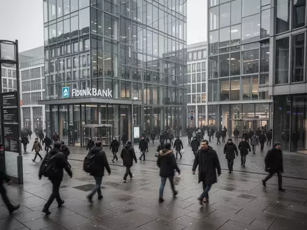 Passanten vor einem modernen Bankgebäude in einer Finanzmetropole bei bewölktem Himmel. - Foto: über boerse-global.de