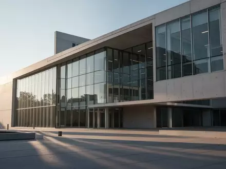Ein modernes, minimalistisches Behördengebäude aus Glas und Beton bei klarem Tageslicht, architektonische Fassadenansicht. - Foto: über boerse-global.de