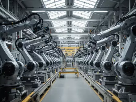 Moderne, automatisierte Montagelinie in einer Fabrik mit zahlreichen Industrieroboterarmen in einer weitläufigen Halle. - Foto: über boerse-global.de