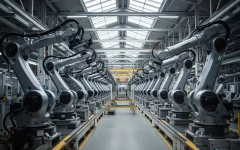 Moderne, automatisierte Montagelinie in einer Fabrik mit zahlreichen Industrieroboterarmen in einer weitläufigen Halle. - Foto: über boerse-global.de