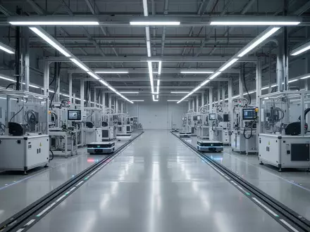Eine moderne, sterile Fabrikhalle einer Automobilfertigung mit sauberen Montageplätzen und poliertem Betonboden. - Foto: über boerse-global.de