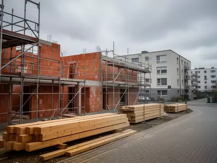Eine Baustelle für Wohngebäude mit Gerüsten und Baumaterialien vor einem Wohngebiet im Kreis Ludwigsburg. - Foto: über boerse-global.de
