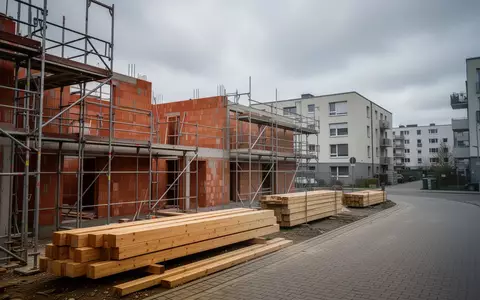 Eine Baustelle für Wohngebäude mit Gerüsten und Baumaterialien vor einem Wohngebiet im Kreis Ludwigsburg. - Foto: über boerse-global.de