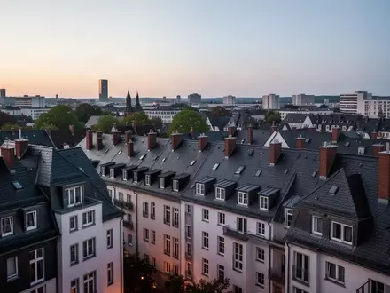 Dämmerung über einem deutschen Wohngebiet mit traditionellen Hausdächern und Schornsteinen als Symbol für kommunale Wärmeplanung. - Foto: über boerse-global.de