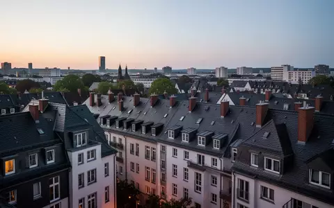 Dämmerung über einem deutschen Wohngebiet mit traditionellen Hausdächern und Schornsteinen als Symbol für kommunale Wärmeplanung. - Foto: über boerse-global.de