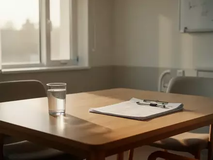 Ein heller, minimalistischer Behandlungsraum in einer Pflegeeinrichtung mit einem leeren Glas Wasser und einer Patientenakte. - Foto: über boerse-global.de