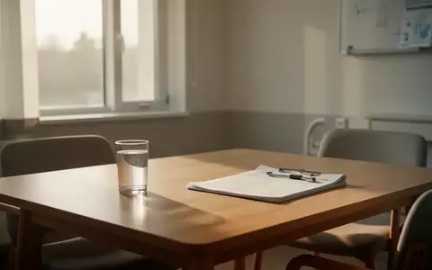 Ein heller, minimalistischer Behandlungsraum in einer Pflegeeinrichtung mit einem leeren Glas Wasser und einer Patientenakte. - Foto: über boerse-global.de