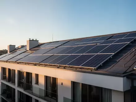 Moderne Photovoltaikanlagen auf dem Dach eines Wohnhauses bei hellem Tageslicht. - Foto: über boerse-global.de