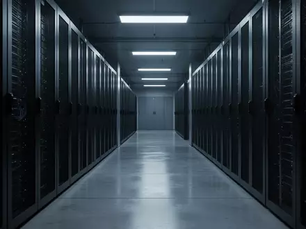 Ein dunkler, modern gestalteter Serverraum mit sich in der Ferne verlierenden Rack-Reihen in kühlem Licht. - Foto: über boerse-global.de
