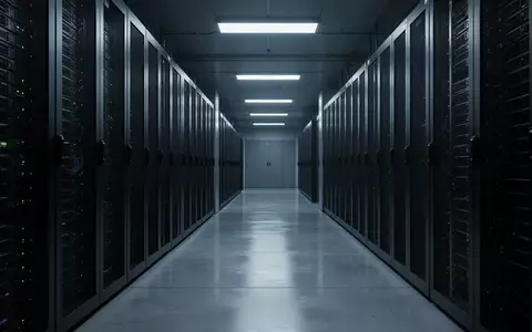 Ein dunkler, modern gestalteter Serverraum mit sich in der Ferne verlierenden Rack-Reihen in kühlem Licht. - Foto: über boerse-global.de